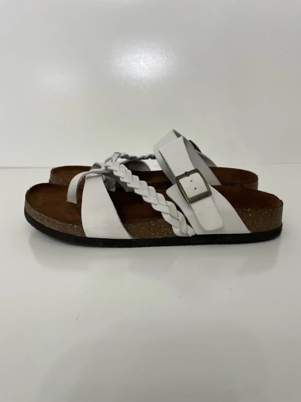 White Mountain Hazy Leather White Braided Slide Cork Sandals, womens size 9